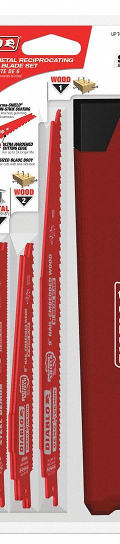 DIABLO Reciprocating Saw Blade Set: For Nail-Embedded Wood Workpiece Material, 6 Pieces, Bi-Metal (MPN DS006S). Key specifications — attr1132189: DIABLO; attr1132196: (2) 6" 6/12 TPI Bi-Metal Reciprocating Saw Blade for Nail-Embedded Wood DS0612BW.