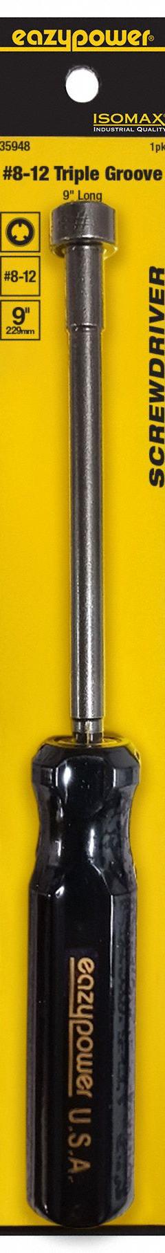 EAZYPOWER Screwdriver: Triple Groove Series, Steel, #8-12 Tip Size, 5 in Shank Lg, 9 in Overall Lg (MPN 35948). Key specifications — attr1205107: #8-12; attr1205112: EAZYPOWER.