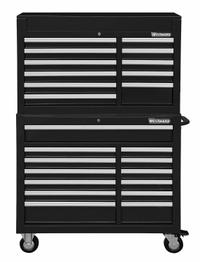 WESTWARD Tool Chest and Cabinet Combination: 24 Drawers, Heavy Duty, Keyed, Black / Powder Coated (MPN 7CY14). Key specifications — attr1116680: Black; attr1116684: Ball Bearing; attr1116690: WESTWARD; attr1116659: Keyed; attr1116661: Top Chest 41-1/2 in W x 18-5/8 in D x 26-7/8 in H.