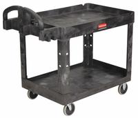 RUBBERMAID COMMERCIAL PRODUCTS Utility Cart: 500 lb, 2 Shelves, 36 in L x 25 in W Self, Black (MPN FG452088BLA). Key specifications — Shelf Color: Black; Brand: RUBBERMAID COMMERCIAL PRODUCTS; Caster/Wheel Configuration: (2) Swivel.