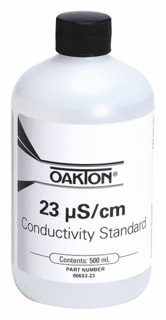 OAKTON Conductivity Calibration Solution: ACS, 500 mL Volume, Liquid, 23 microsiemens, Plastic, 1 (MPN WD-00653-23). Key specifications — Brand: OAKTON; CAS Number: 71-23-8; Chemical Family Type: Solution; Chemical Grade: ACS; Concentration: 23 microsiemens; Container Material: Plastic; Container Type: Bottle; Form: Liquid.