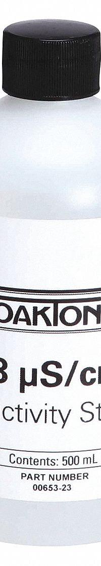OAKTON Conductivity Calibration Solution: ACS, 500 mL Volume, Liquid, 23 microsiemens, Plastic, 1 (MPN WD-00653-23). Key specifications — Brand: OAKTON; CAS Number: 71-23-8; Chemical Family Type: Solution; Chemical Grade: ACS; Concentration: 23 microsiemens; Container Material: Plastic; Container Type: Bottle; Form: Liquid.