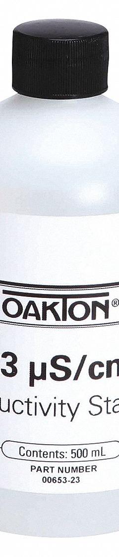 OAKTON Conductivity Calibration Solution: ACS, 500 mL Volume, Liquid, 23 microsiemens, Plastic, 1 (MPN WD-00653-23). Key specifications — Brand: OAKTON; CAS Number: 71-23-8; Chemical Family Type: Solution; Chemical Grade: ACS; Concentration: 23 microsiemens; Container Material: Plastic; Container Type: Bottle; Form: Liquid.