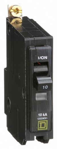 SQUARE D Miniature Circuit Breaker: 10 A, 120/240V AC, Single Phase, 10kA at 120/240V AC, 1 Poles (MPN QOB110). Key specifications — Phase: Single; Amps: 10 A; AC Voltage Rating: 120/240V AC; Max. AIR Rating: 10kA at 120/240V AC; For Use With: Square D NQOD Panelboards; Brand: SQUARE D.