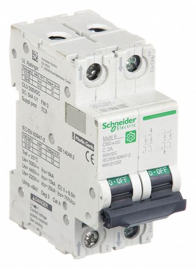 SCHNEIDER Supplementary Protector: 2 A Amps, 500V DC, 5kA at 250V DC, Screw Clamp - DC-Only Rated, 2-Pole UL1077 DIN Rail-Mount Supplementary Protectors