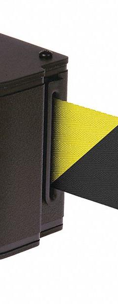 LAVI Warehouse Quick Mount Retractable Belt Barrier: Quick Mount, 18 ft Belt Lg, Pattern, No Legend (MPN 50-3016M/WB/18/SF). Key specifications — Frame Color: Black; Brand: LAVI; Belt Color: Black/Yellow.
