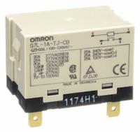 OMRON Enclosed Power Relay: Bracket Mounted, 30 A Current Rating, 100/120V AC, SPST-NO (MPN G7L-1A-TJ-CB-AC100/120). Key specifications — Brand: OMRON; Base Type: Square; Mounting Style: E-Bracket; Electrical Connection: Quick-Connect; Manufacturer Part Number: G7L-1A-TJ-CB-AC100/120; Operating Current: 30 A; Series: G7L Series; Relay Bracket Type: E-Bracket (Sold Separately).