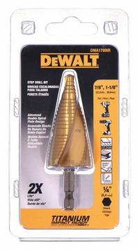 DEWALT Step Drill Bit: 7/8" to 1-1/8", TiN-Coated HSS, Impact Rated, Quick-Change Hex Shank (MPN DWA1789IR). Key specifications — attr1234936: Impact Rated.