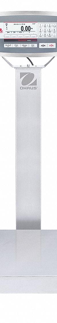 OHAUS Industrial Bench Scale: 12 in x 12 in, IP67, Column-Mounted, Defender 5000, Stainless Steel (MPN 30461676). Key specifications — Connection Ports: 2 In/4 Out Discrete I/O; Readability: 0.001 lb/0.5 g; Brand: OHAUS; Weighing Surface Material: Stainless Steel.