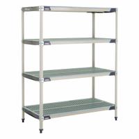 METRO Plastic Industrial Shelving: 24 in x 72 in, 62 in Overall Ht, 4 Shelves, Antimicrobial (MPN X576GX3). Key specifications — Resistance Properties: Antimicrobial; Frame Material: 304 Stainless Steel; Shelving Material: 304 Stainless Steel; Brand: METRO.