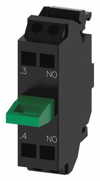 SIEMENS Contact Block: 22 mm Panel Mounting Size, 1NO, Momentary, 3SU1 Series, Spring Terminals (MPN 3SU14002AA103BA0). Key specifications — Color: Black/Green; Switch Action: Momentary; Terminal Connection Type: Spring Terminals; Brand: SIEMENS; Compatible with Series: 3SU1.