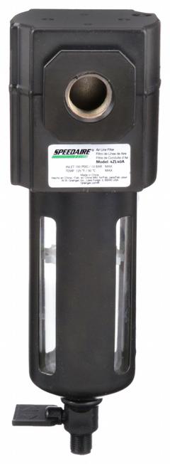 SPEEDAIRE Compressed Air Filter: Particulate, 3/8 in NPT, 5 micron, 65 cfm, 150 psi Max Op Pressure (MPN 4ZL40). Key specifications — attr110055: Intermediate Duty; attr110008: SPEEDAIRE.