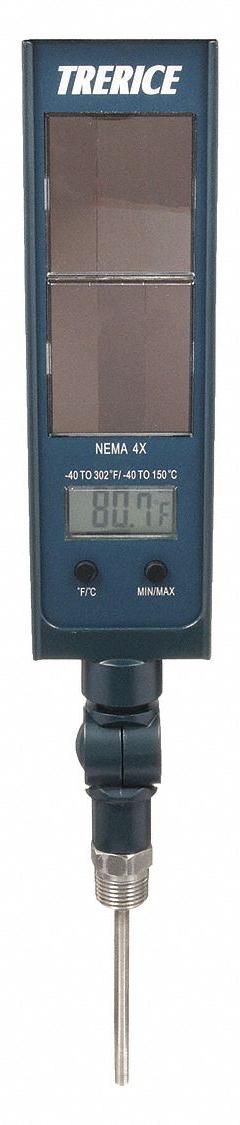 TRERICE Digital Thermometer: 4 in Stem Lg, -50°F to 300°F /-46°C to 150°C, 1/2 in Thread Size, NPT (MPN SX9560405). Key specifications — Thread Type: NPT; Brand: TRERICE; Accuracy: ±1 % or ±1 °F, Whichever is Greater.
