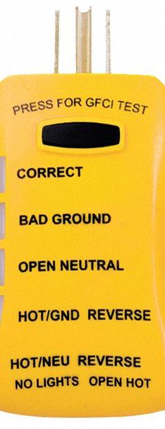 SPERRY INSTRUMENTS Receptacle Tester with GFCI: 115 V AC to 125 V AC, 5-15P, GFCI/Std, CAT III 300V (MPN HGT6520). Key specifications — Load Current: 20 A; Brand: SPERRY INSTRUMENTS; CAT Safety Rating: CAT III 300V.
