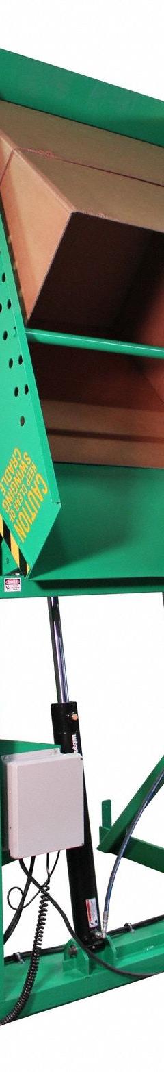 VALLEY CRAFT Hydraulic Box Dumper: 6,000 lb Max Load Capacity, 10 in Max Chute Reach, 48 in Dump Ht (MPN F80188A8). Key specifications — Frame Material: Steel; Operating Voltage: 460V AC; Chute Material: Steel; Brand: VALLEY CRAFT; Controls: Pendant; Includes: Handheld Pendant with Magnetic Back.