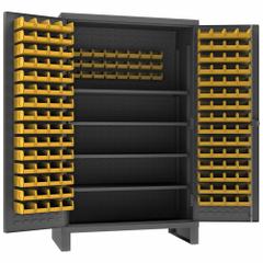 DURHAM MFG Bin Cabinet: 48 in x 24 in 78 in, 4 Shelves, 144 Bins, Yellow, Flush, 12 ga Panel, Gray (MPN HDC48-144-4S95). Key specifications — Bin Color: Yellow; Bin HxWxD: (24) 4 in x 5 in x 3 in; Assembled: Assembled; Cabinet Style: Shelf and Bin; Brand: DURHAM MFG; Cabinet Color: Gray; Cabinet Finish: Powder Coated; Cabinet Material: Steel.