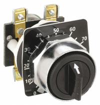 SCHNEIDER ELECTRIC Potentiometer: 30 mm Panel Mounting Size, 10,000 ohm Max Resist Rating (MPN 9001K2108). Key specifications — Manufacturer Part Number: 9001K2108; Series: 9001K; Brand: SCHNEIDER; Includes Dial Plate: Dial Plate Included; Bezel Style: Metallic (Black).