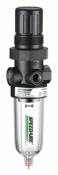 SPEEDAIRE Filter-Regulator: Miniature Series, 1/8 in NPT, 13 cfm, 5 micron, 5 psi to 125 psi, Zinc (MPN 4ZK74). Key specifications — attr109419: SPEEDAIRE; attr109429: Zinc; attr109463: No; attr109467: Rubber; attr109468: Miniature.