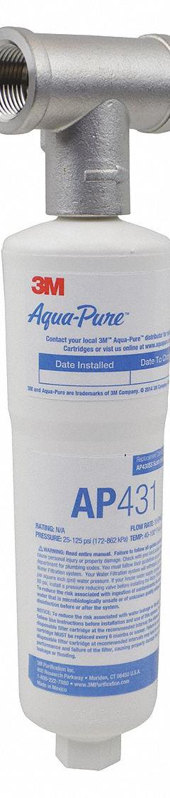 3M AQUA-PURE Water Filtration System: 10 gpm, Polyphosphate, 10 1/4 in Overall Ht (MPN AP43011). Key specifications — Reduces: Scale; Filter Media: Polyphosphate; Brand: 3M AQUA-PURE.