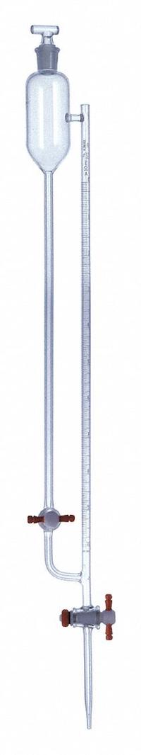 KIMBLE Straight Bore Buret with Side Reservoir: 10 mL, A, 620 mm, ±0.02 mL, 0.05 mL Inc (MPN 17132F-10). Key specifications — Closure Included: No; Tolerance: ±0.02 mL; Brand: KIMBLE; Body Material: Borosilicate Glass.