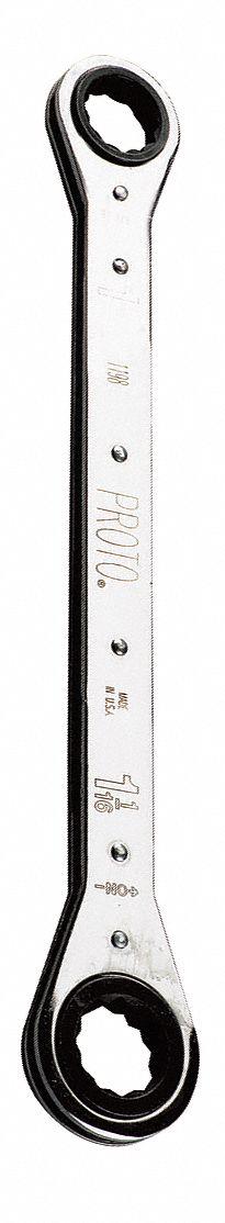 PROTO Box End Wrench: Chrome, 13/16 in_15/16 in Head Size, 9 1/4 in Overall Lg - SAE, Double End, 12-Point, Ratcheting Box End Wrenches