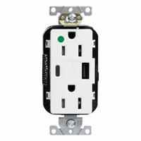USB Receptacle: Duplex, 5-15R, White, 125V AC, 15 A (MPN M56AC-HGW). Key specifications — Brand: LEVITON.