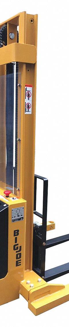 BIG JOE Stacker: 3,000 lb, 128 in Max Lifting Ht, Fixed Fork, 42 in L x 4 in W Fork, Adj Straddle (MPN S30-128). Key specifications — Brand: BIG JOE; Lift Mechanism: Hydraulic; Width Across Forks: 30 in.