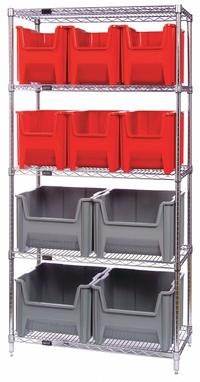 QUANTUM STORAGE SYSTEMS Bin Shelving: 36 in x 18 in x 74 in, 1 Sided, 10 Bins, Open, Blue, 5 Shelves (MPN WR5-600800BL). Key specifications — Includes Bins: Yes; Bin Material: Polyethylene; Frame Color: Silver; Bin HxWxD: (6) 12-1/4 in x 10-7/8 in x 17-1/2 in; Frame Material: Steel; Bin Color: Blue; Bin Style: Hang and Stack; Brand: QUANTUM STORAGE SYSTEMS.