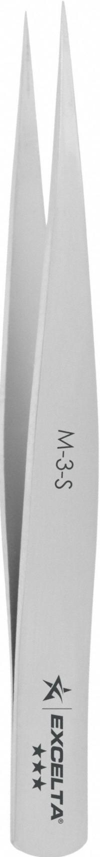 EXCELTA Tweezers: Stainless Steel, Point, Straight Tip, 0.004 in Tip Thick (MPN M-3-S). Key specifications — attr1002355: Stainless Steel; attr1002345: EXCELTA; attr1002348: Stainless Steel; attr1002358: Smooth; attr1002361: M-3; attr1024781: Standard.