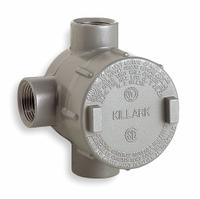 Conduit Outlet Body: Aluminum, GE, 1/2 in Trade Size, T Body, 19 cu in Body Capacity (MPN GECTT-1). Key specifications — Series: For Standard Body; Compatible Conduit Trade Size: 1/2 in; Thread Gender: Female; Hub Style: Threaded; Cover Included: Yes; Body Style: T; Connection Type: Threaded; Back Type: Flat.