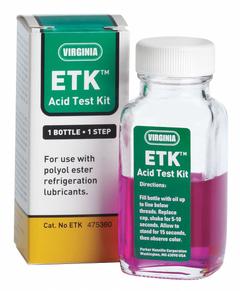 VIRGINIA KMP Acid Test Kit: Onsite, Acid Level, 1 Tests, Color Change (MPN ETK). Key specifications — Includes: Color Comparison Chart; For Lubricant Type: Polyol Ester; Brand: VIRGINIA KMP; Indication Method: Color Change; Test Type: Acid Level; Flammability: Flammable; Product Type: Acid Test Kit.