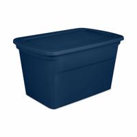STERILITE Storage Tote: 30 gal, 30 1/2 in x 20 1/4 in x 17 1/8 in, Blue Body, Blue Lid, Blue, Blue (MPN 17367406). Key specifications — Material: Plastic; Body Color: Blue; Lid Color: Blue; Brand: STERILITE.