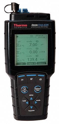 THERMO SCIENTIFIC Handheld Multiparameter Meter: Conductivity/Dissolved Oxygen/Ion/pH/Temp (MPN STARA3295). Key specifications — Test Parameters: pH; Manufacturer Part Number: STARA3295; Configured Test Parameters: Conductivity; Measurement Components Included: 013010MD DuraProbe Epoxy 4-Cell (K=0.475) Conductivity Cell with 3 Meter Cable; Other Accessories Included: 810001 ROSS Electrode Storage Solution; Reagents and Solutions Included: 01100710 Conductivity 1413uS/cm Standard Pouches.