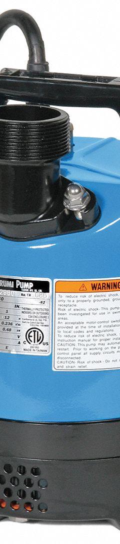 TSURUMI Plug-In Utility Pump: 2/3 hp, 1/4 in Max. Dia. Solids, Continuous Duty, 110V AC, Steel, MNPT (MPN LB-480-62 (115V)). Key specifications — Shaft Seal Material: Silicone; Impeller Material: Urethane Rubber; Rated Voltage: 110V AC; Volute Material: Rubber; Brand: TSURUMI.