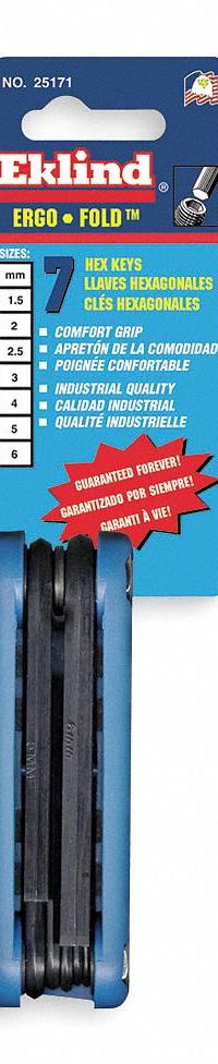 EKLIND Hex Key Set: 1 - 5 Pieces, Fold-Up Hex, Folding, Metric, Std End, Short, 1 Pieces, 7 Tips (MPN 25171). Key specifications — attr1205553: Not Tether Capable; attr1205554: EKLIND; attr1205568: Black Oxide; attr1293176: 1 - 5 Pieces.
