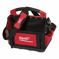 MILWAUKEE PACKOUT Tool Tote: 15 in W x 11 in D x 17 in H, Polyester, Red, 22 Inside Pockets (MPN 48-22-8315). Key specifications — attr1120376: MILWAUKEE; attr1120463: Polyester; attr1120464: Red; attr1120343: Removable Shoulder Strap.