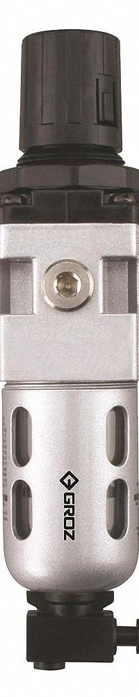 GROZ Filter-Regulator: Light Duty Series, 1/4 in NPT, 20 cfm, 40 micron, 7 psi to 145 psi, Aluminum (MPN FRC139134-S). Key specifications — attr109419: GROZ; attr109429: Aluminum; attr109463: No; attr109467: Nitrile; attr109468: Light Duty.