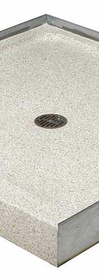 ACORN Shower Base: Square, Single Threshold, Terrazzo, 36 in Overall Lg, 4 in Overall Ht (MPN SBS-36-3F). Key specifications — Material: Terrazzo; Drain Location: Center; Features: Flanges on Three Sides; Brand: ACORN.