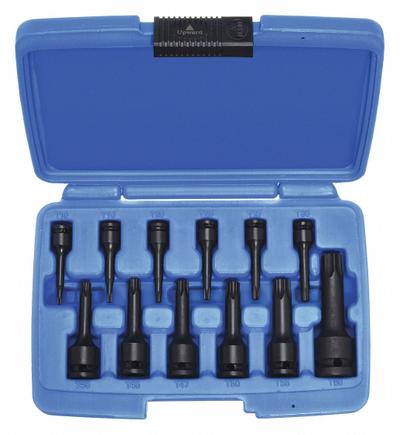 WESTWARD Impact Socket Bit Set: SAE, 1/4 in, 3/8 in, 1/2 in Drive Size, 12 Pieces - Torx Impact Socket Bit Socket Sets