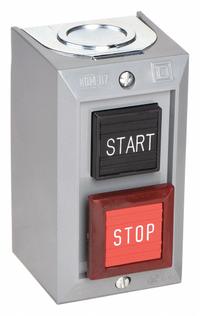 SQUARE D Control Station: Flush Push Button/Mushroom Head Push Button, 0 Pilot Lights, 1NO/1NC (MPN 9001BG203). Key specifications — attr1022946: Start/Stop; attr1022956: Red; attr211290: SQUARE D; attr1042017: Indoor Use Only.