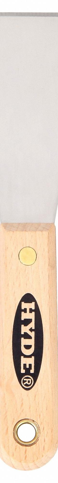 HYDE Putty Knife: Bld. Mat. Carbon Steel, Hdl. Mat. Hardwood, Stiff, Straight Bld. Shape (MPN 07160). Key specifications — attr1004902: HYDE; attr1012057: Full; attr1014703: Wood; attr1017570: Standard End; attr1029655: Straight; attr1034073: Straight.