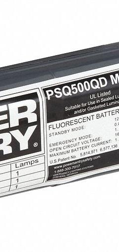 POWER SENTRY Fluorescent Battery Pack: 40 W Max. Bulb Watts, 120 to 277V AC, 1 Bulbs Supported, T8 (MPN PSQ500QD MVOLT M12). Key specifications — Input Voltage: 120 to 277V AC; Brand: POWER SENTRY.