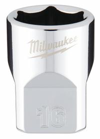 MILWAUKEE Standard Socket: Metric, 3/8 in Drive Size, 16 mm Socket Size, 6-Point, Std, Chrome (MPN 45-34-9086). Key specifications — attr1204417: MILWAUKEE; attr1204392: Chrome.