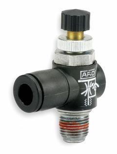 ARO Cylinder Port Flow Control Valve: Elbow Fitting, Knurled, 1 in Valve Body Size, 3/8 in Tube (MPN 119310-375). Key specifications — attr947203: Stainless Steel; attr947205: ARO.