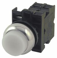EATON Illuminated Push Button: Illuminated, Extended Profile, Metallic, 22 mm, 2NO (MPN M22M-DLH-W-K20-230W). Key specifications — Brand: EATON; Action: Momentary; Series: M22; Push Button Material Type: Metallic.