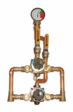 LEONARD VALVE Thermostatic Mixing Valve: 3/4 in Inlet Connection Size, 1 in Outlet Connection Size (MPN TM-420B-LF-DT-RF). Key specifications — Includes: Color Coded Dial; Brand: LEONARD VALVE.
