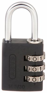 ABUS Combination Padlock: Scrolling Combo, Black, Aluminum, Std Shackle, Steel Shackle (MPN 145/30 Black). Key specifications — Dial Color: Silver; Brand: ABUS.