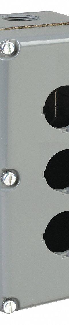 SCHNEIDER ELECTRIC Push Button Enclosure: 30mm, 3 Holes, Aluminum, NEMA 1/12/13/3/4/6 (MPN 9001KY3). Key specifications — attr211299: SCHNEIDER; attr1043605: Weather Resistant.