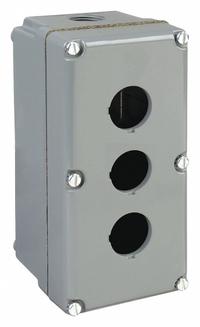 SCHNEIDER ELECTRIC Push Button Enclosure: 30mm, 3 Holes, Aluminum, NEMA 1/12/13/3/4/6 (MPN 9001KY3). Key specifications — attr211299: SCHNEIDER; attr1043605: Weather Resistant.