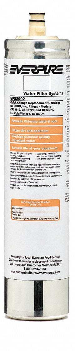 PENTAIR/EVERPURE Quick-Connect Water Filter: 5 micron, 1.5 gpm, 10,000 gal, 14 in Overall Ht (MPN EV978112-75). Key specifications — Filter Media: Polyphosphate; Reduces: Scale; Brand: PENTAIR/EVERPURE.